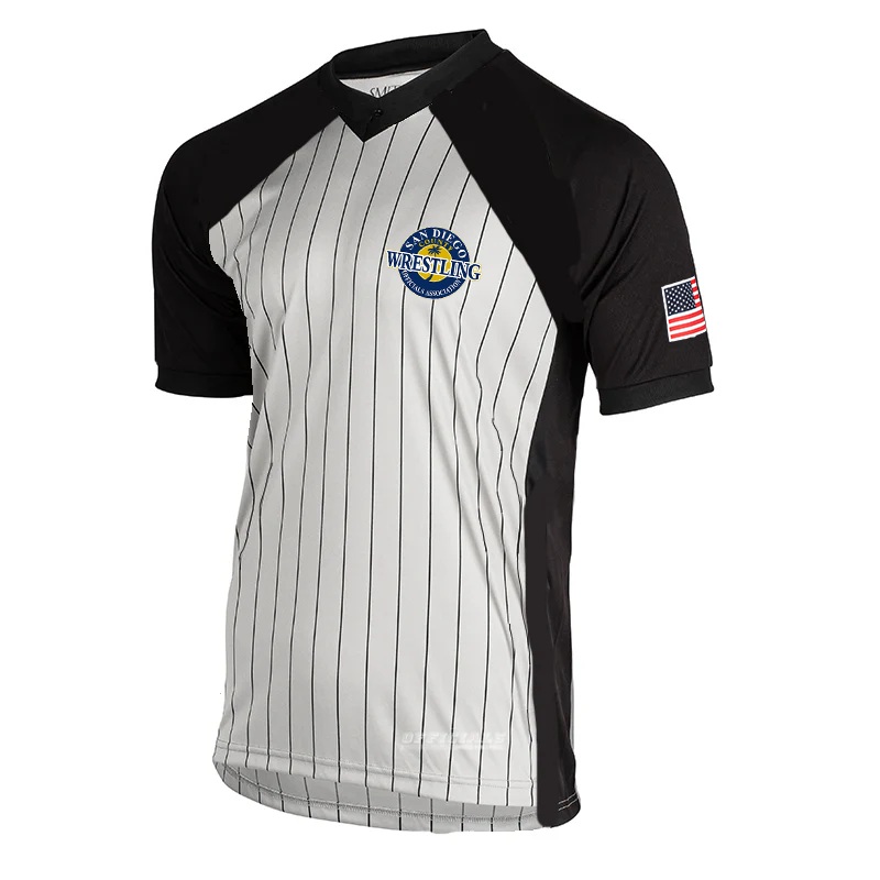 San Diego Wrestling Grey Pin Stripe with Solid Black Shoulder V-Neck
