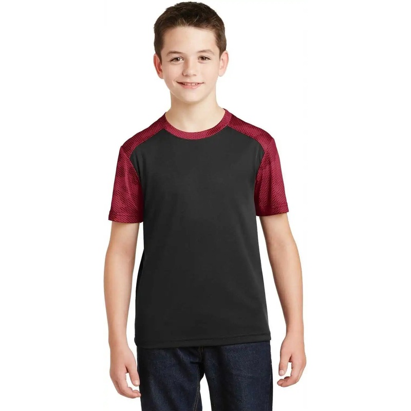 Sport-Tek YST371 Youth CamoHex Colorblock Tee – Black Deep Red