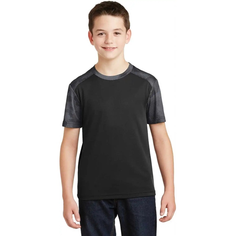 Sport-Tek YST371 Youth CamoHex Colorblock Tee – Black Iron Gray