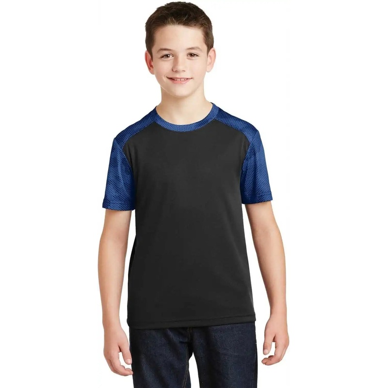 Sport-Tek YST371 Youth CamoHex Colorblock Tee – Black True Royal