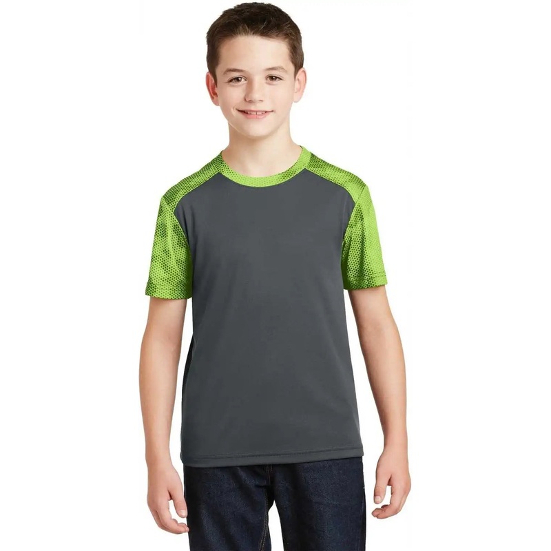 Sport-Tek YST371 Youth CamoHex Colorblock Tee – Iron Gray Lime Shock
