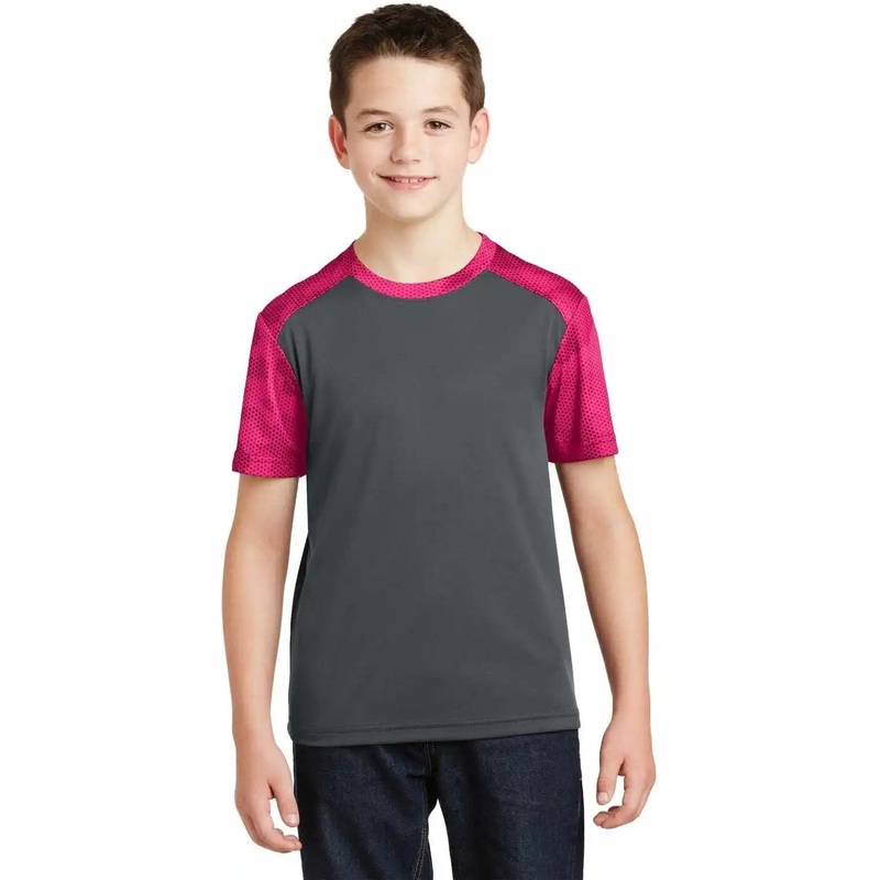 Sport-Tek YST371 Youth CamoHex Colorblock Tee – Iron Gray Pink Raspberry