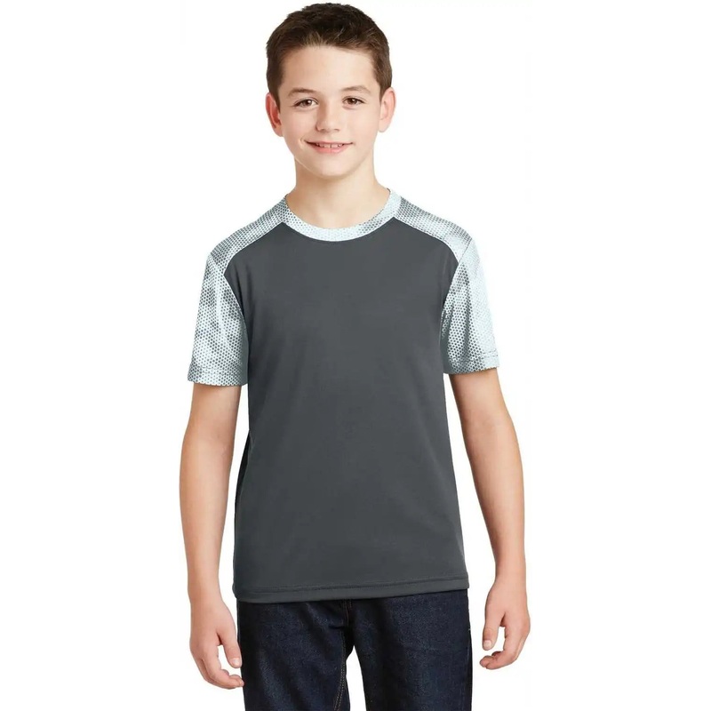 Sport-Tek YST371 Youth CamoHex Colorblock Tee – Iron Gray White
