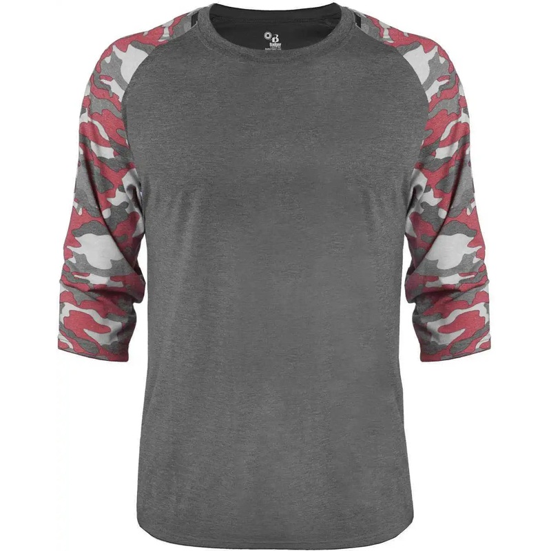 Badger Sport 4971 Vintage Camo Raglan Sleeve Tri-Blend Baseball Tee – Graphite Heather Red Vintage Camo