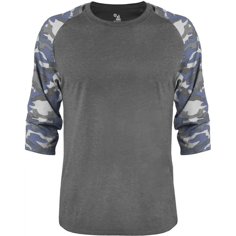 Badger Sport 4971 Vintage Camo Raglan Sleeve Tri-Blend Baseball Tee – Graphite Heather Royal Vintage Camo