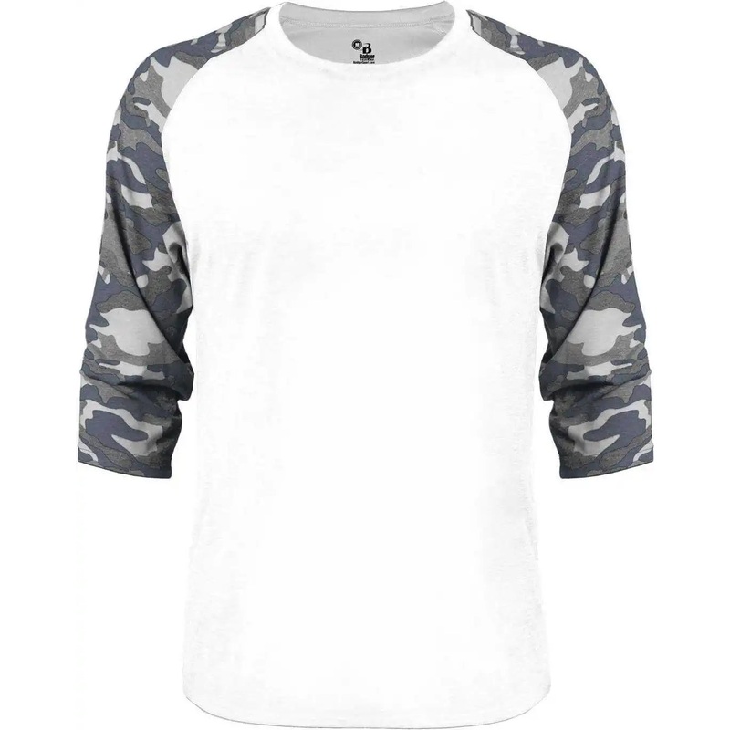 Badger Sport 4971 Vintage Camo Raglan Sleeve Tri-Blend Baseball Tee – White Navy Vintage Camo