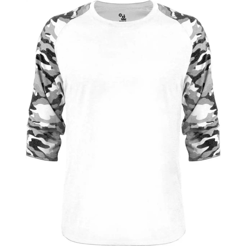 Badger Sport 4971 Vintage Camo Raglan Sleeve Tri-Blend Baseball Tee – White White Vintage Camo