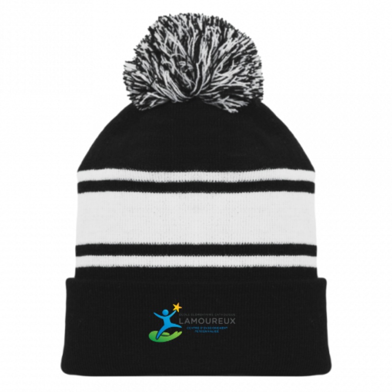 COLE LMENTAIRE CATHOLIQUE LAMOUREUX AK POM POM HAT BLACK/WHITE WITH EMBROIDERED LOGO