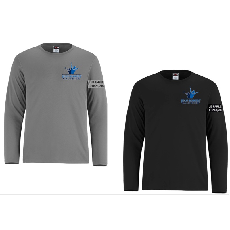 JEAN-ROBERT GAUTHIER DRYFIT LONG SLEEVE TSHIRT ADULT OR YOUTH WITH LEFT CHEST HEAT PRESS