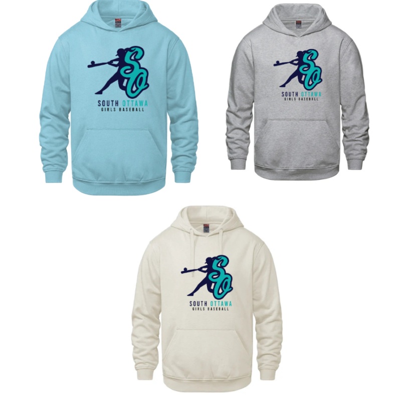 OTTAWA SOUTH BLUES CX2 VAULT HOODIE GREY/IVORY/LIGHT BLUE WITH SO GIRLS BASEBALL FULL FRONT HEAT PRESSED LOGO