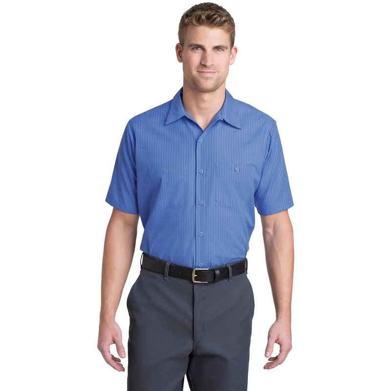 Red Kap CS20LONG Red Kap Long Size, Short Sleeve Striped Industrial Work Shirt – Petrol Blue/ Navy