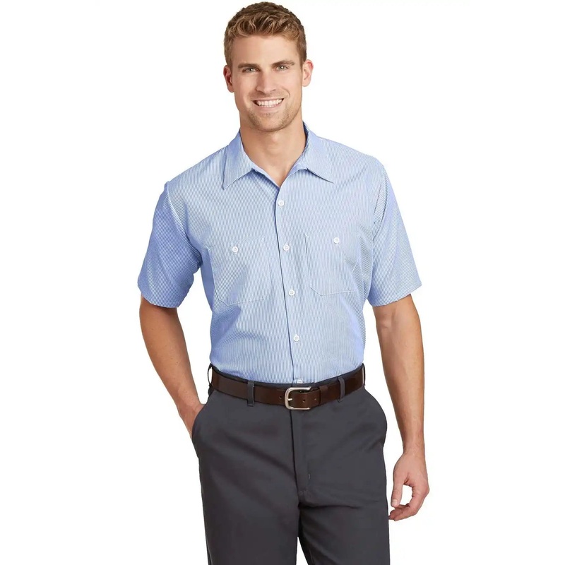 Red Kap CS20LONG Red Kap Long Size, Short Sleeve Striped Industrial Work Shirt – White/ Blue