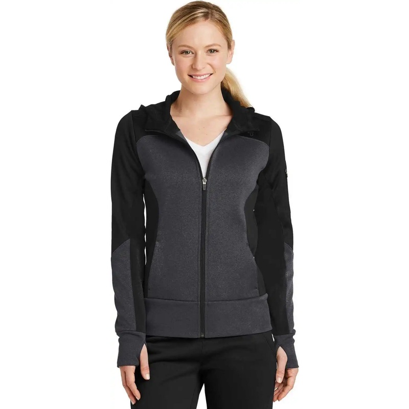 Sport-Tek LST245 Ladies Tech Fleece Colorblock Full-Zip Hooded Jacket – Black Graphite Heather Black