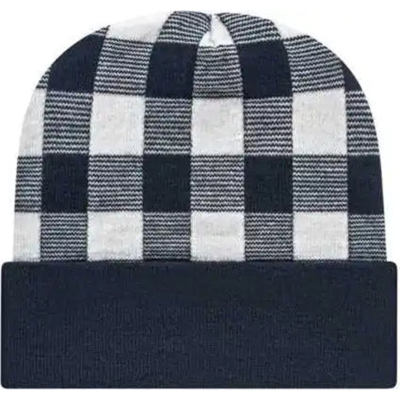 Cap America RKP12 USA Made Plaid Knit Cap with Cuff Beanie – White True Navy