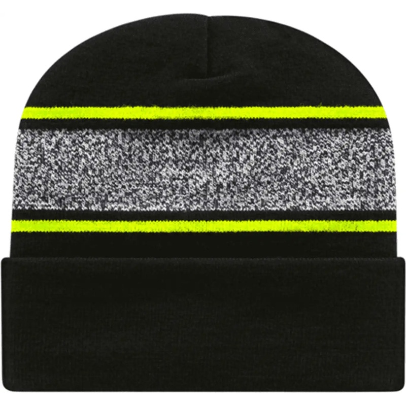 Cap America RKV12 USA Made Variegated Striped Knit with Cuff Beanie – Black Neon Yellow