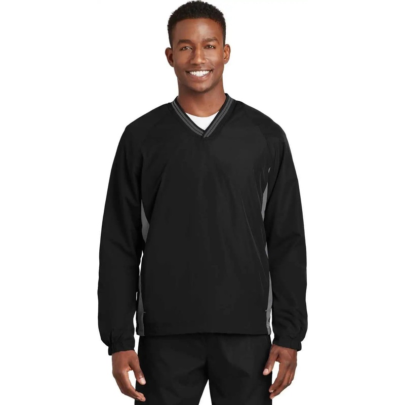 Sport-Tek JST62 Tipped V-Neck Raglan Wind Shirt – Black/ Graphite