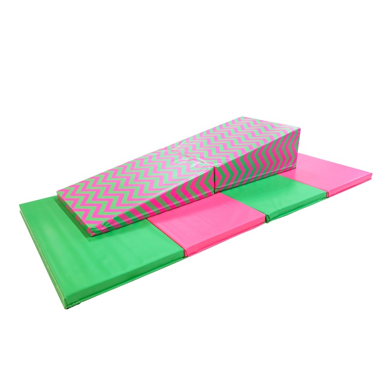 4′ x 8′ x 2 Pink and Green Gymnastics Folding Mat and Pink Green Chevron Incline Combo