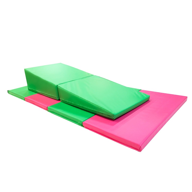 4′ x 8′ x 2 Pink Green gymnastics Folding Mat and Green Incline Combo