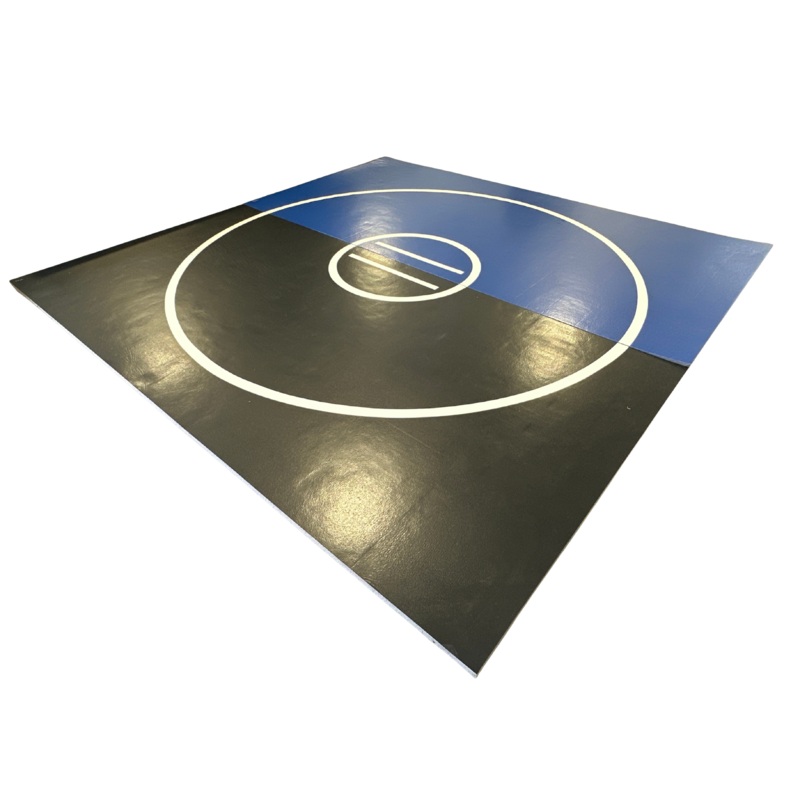 Clearance 12′ x 12′ x 1 3/8 Roll-Up Wrestling Mat – Black and Blue Mat with White Circles and Lines
