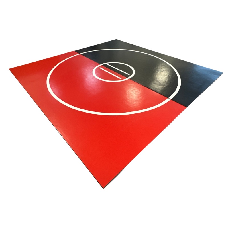 Clearance 12′ x 12′ x 1 3/8 Roll-Up Wrestling Mat – Black and Red Mat with White Circles and Lines