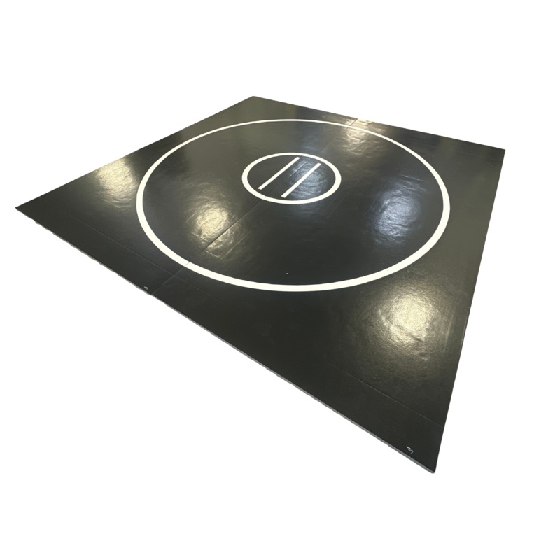 Clearance 12′ x 12′ x 1 3/8 Roll-Up Wrestling Mat – Black Mat with White Circles and Lines