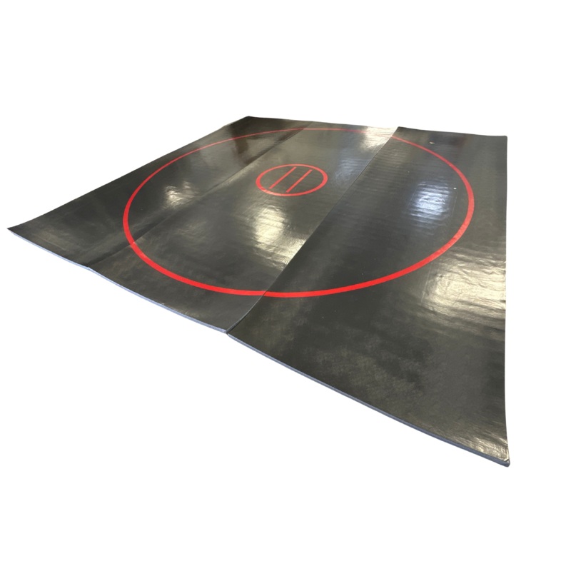 Clearance 17′ x 17′ x 1 3/8 Roll-Up Wrestling Mat CV- Black Mat with Red Circles and Lines
