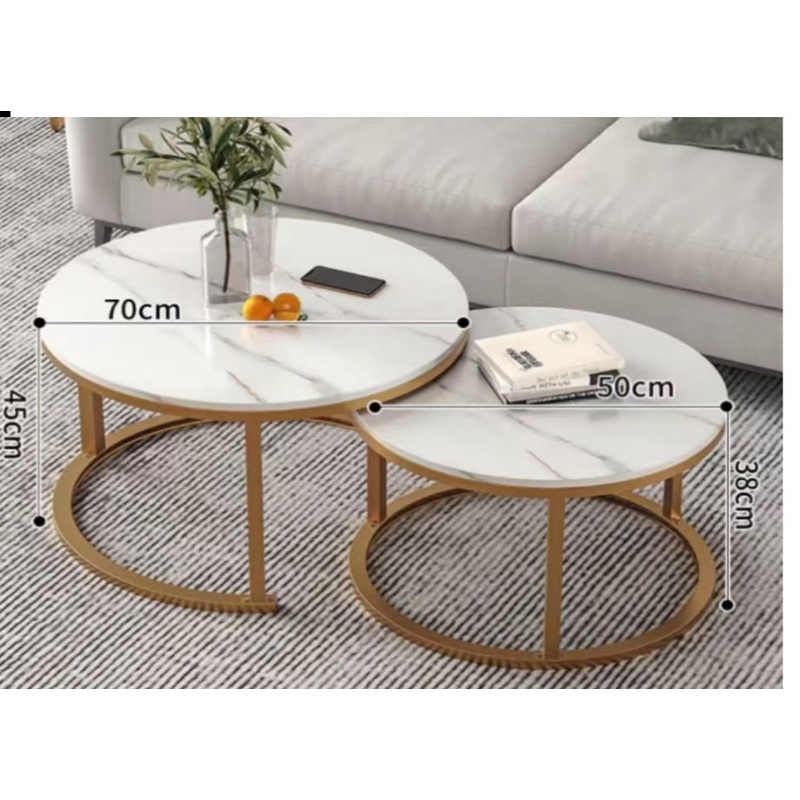 Two in one nesting table set with marble tabletop with golden stand