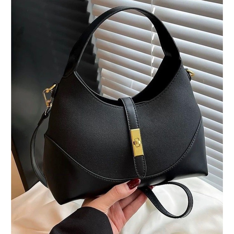Womens Two-Tone Canvas Leather Crossbody Shoulder Bag  Black & Brown Stylish Handbag with Gold Lock
