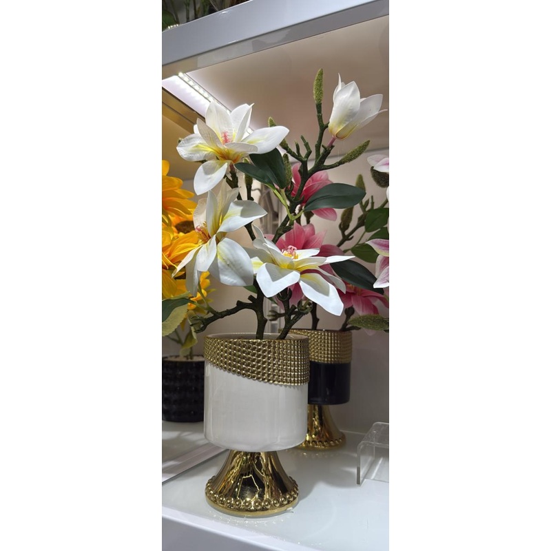 Blossom Harmony  Artificial Floral Arrangement in Textured Gold-Banded Vase
