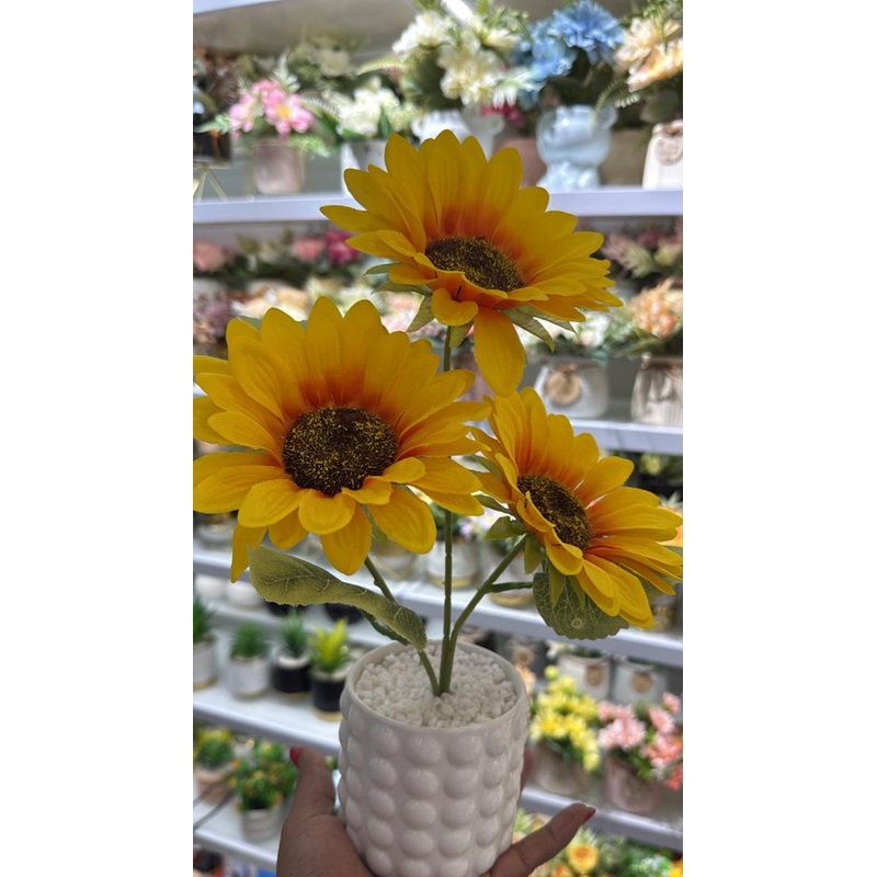Sunshine Trio  Artificial Sunflowers in Textured Ceramic Pot