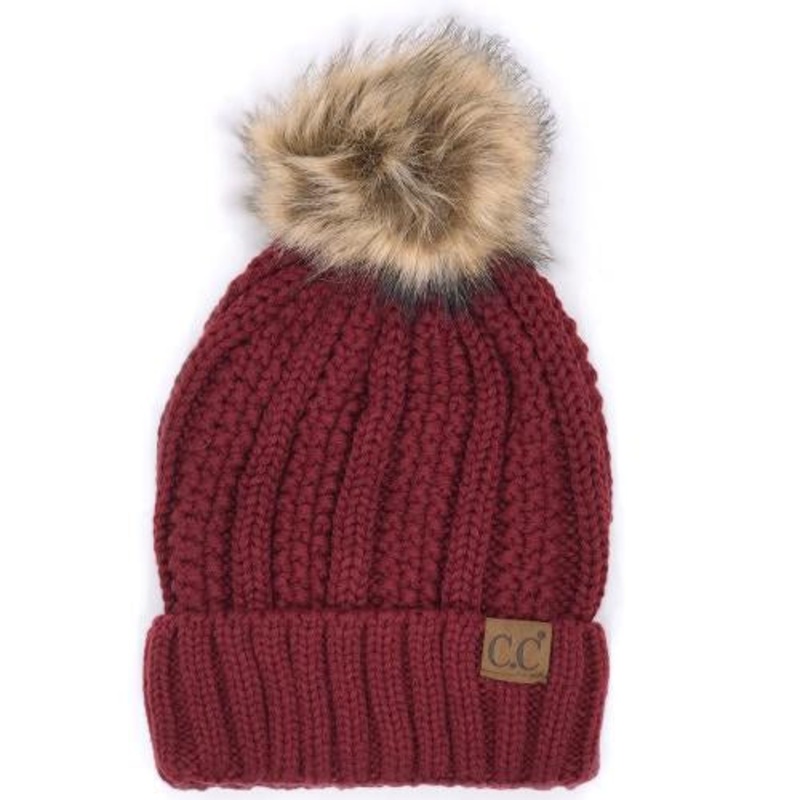 YJ-820 SHERPA LINED BEANIE W/FAUX FUR POM – BURGUNDY