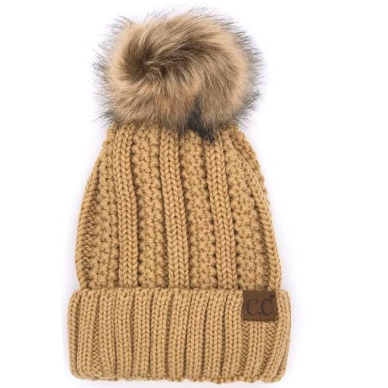 YJ-820 SHERPA LINED BEANIE W/FAUX FUR POM – CAMEL