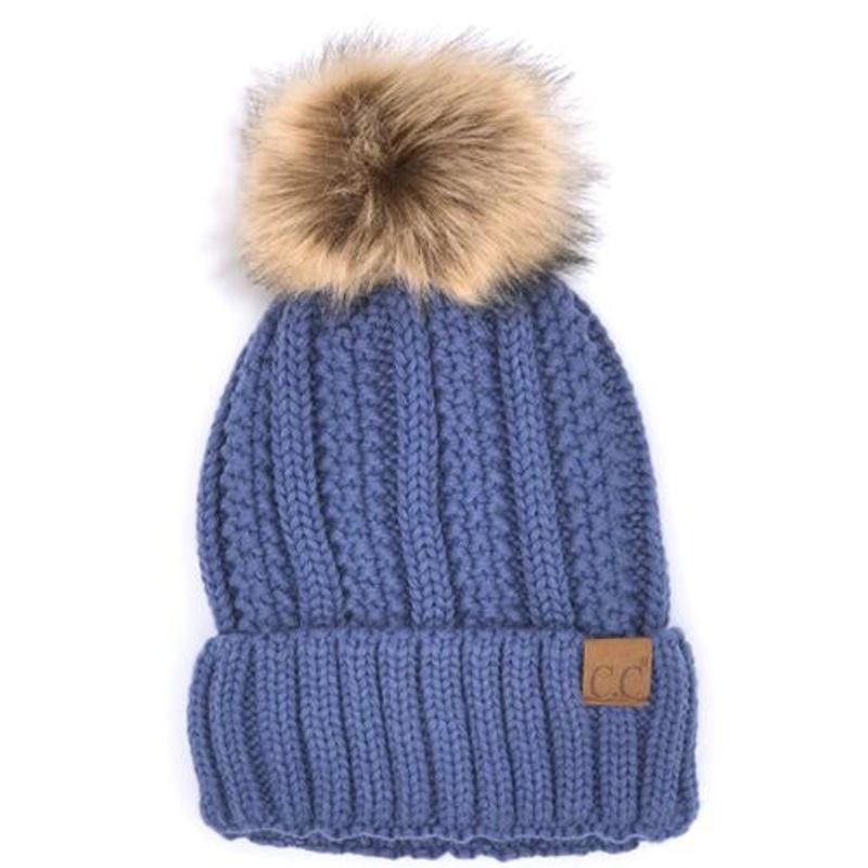 YJ-820 SHERPA LINED BEANIE W/FAUX FUR POM – DARK DENIM