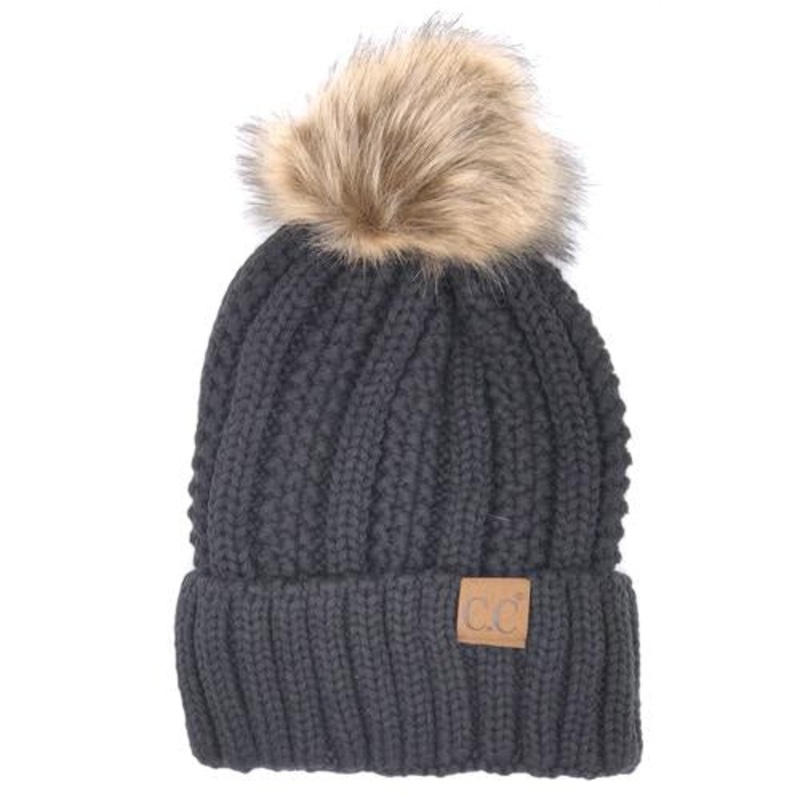 YJ-820 SHERPA LINED BEANIE W/FAUX FUR POM – DARK MELANGE GREY
