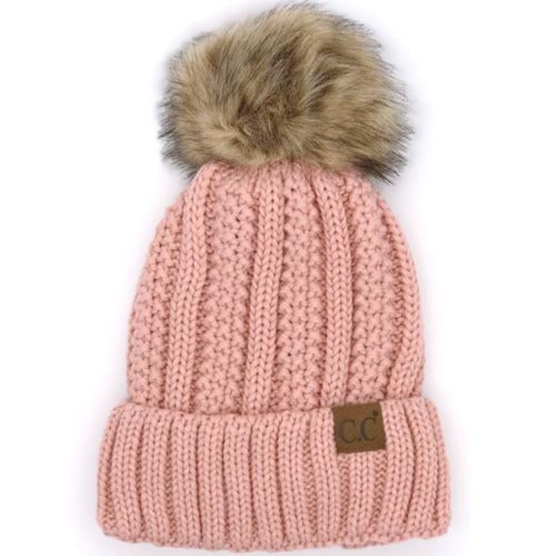 YJ-820 SHERPA LINED BEANIE W/FAUX FUR POM – INDI PINK