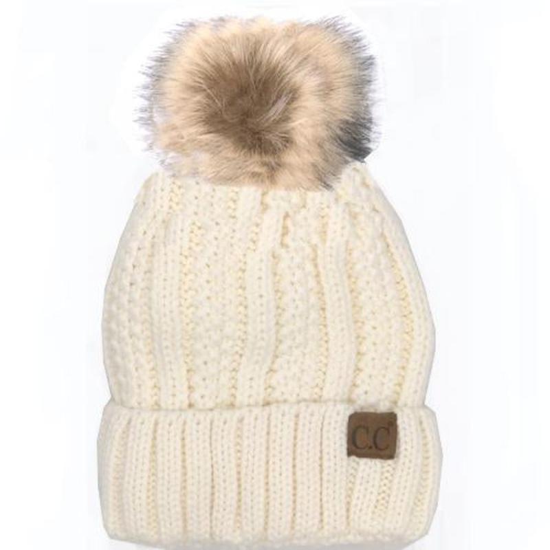 YJ-820 SHERPA LINED BEANIE W/FAUX FUR POM – IVORY