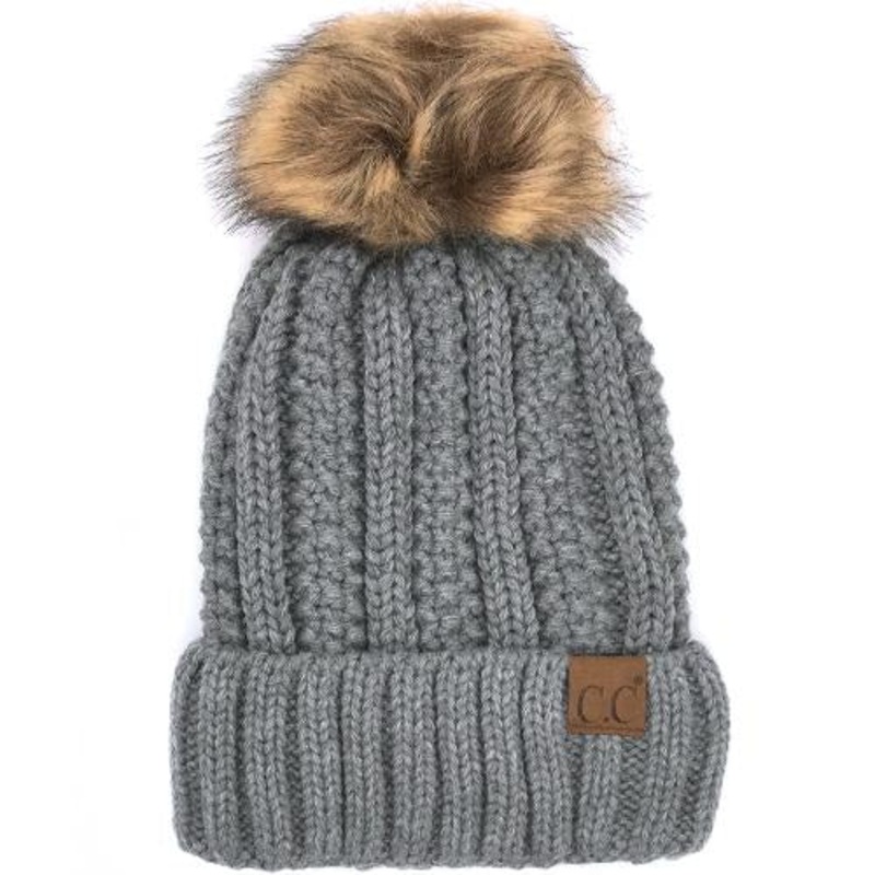 YJ-820 SHERPA LINED BEANIE W/FAUX FUR POM – LIGHT MEL GREY