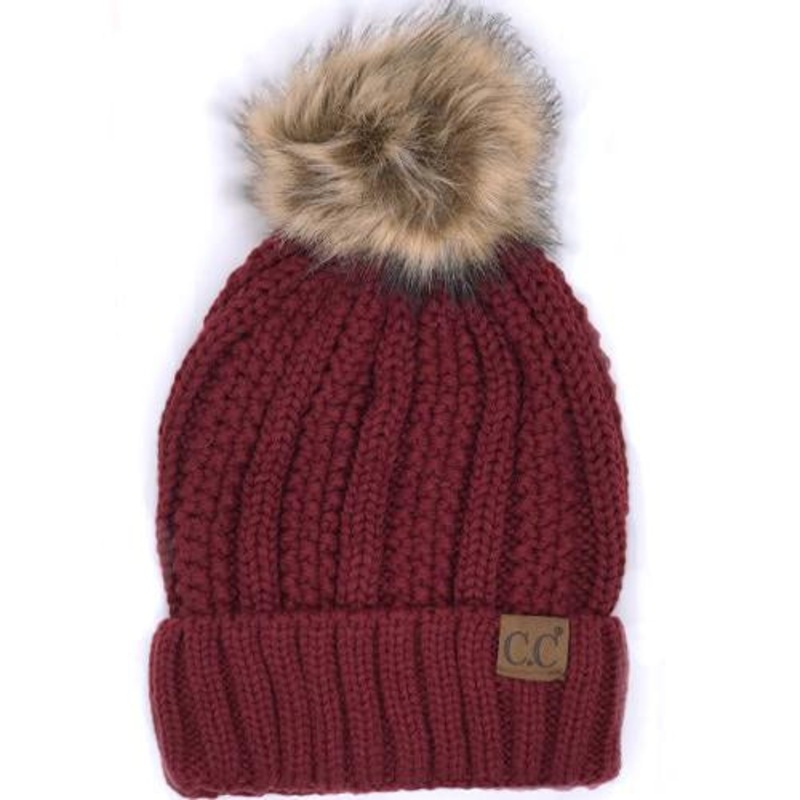 YJ-820 SHERPA LINED BEANIE W/FAUX FUR POM – MAROON