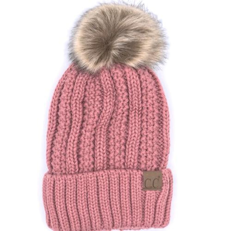 YJ-820 SHERPA LINED BEANIE W/FAUX FUR POM – MAUVE