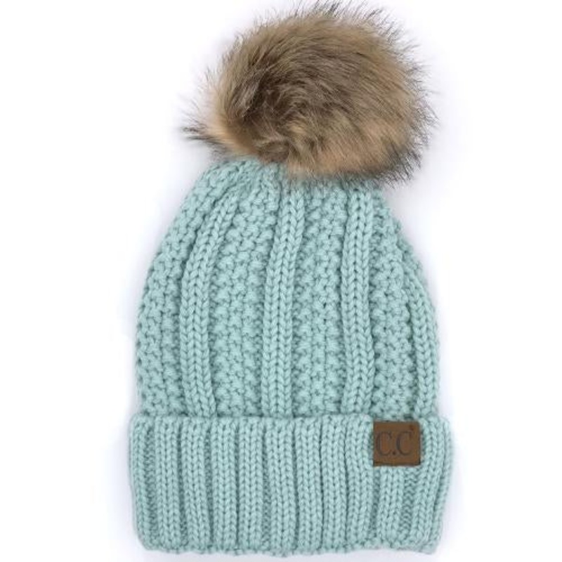 YJ-820 SHERPA LINED BEANIE W/FAUX FUR POM – MINT