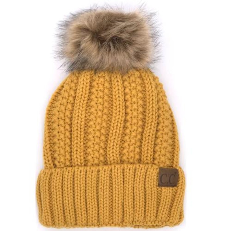 YJ-820 SHERPA LINED BEANIE W/FAUX FUR POM – MUSTARD