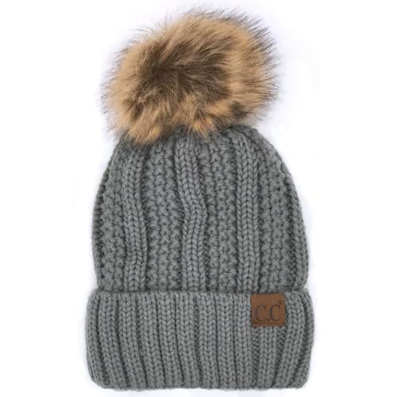 YJ-820 SHERPA LINED BEANIE W/FAUX FUR POM – NATURAL GREY