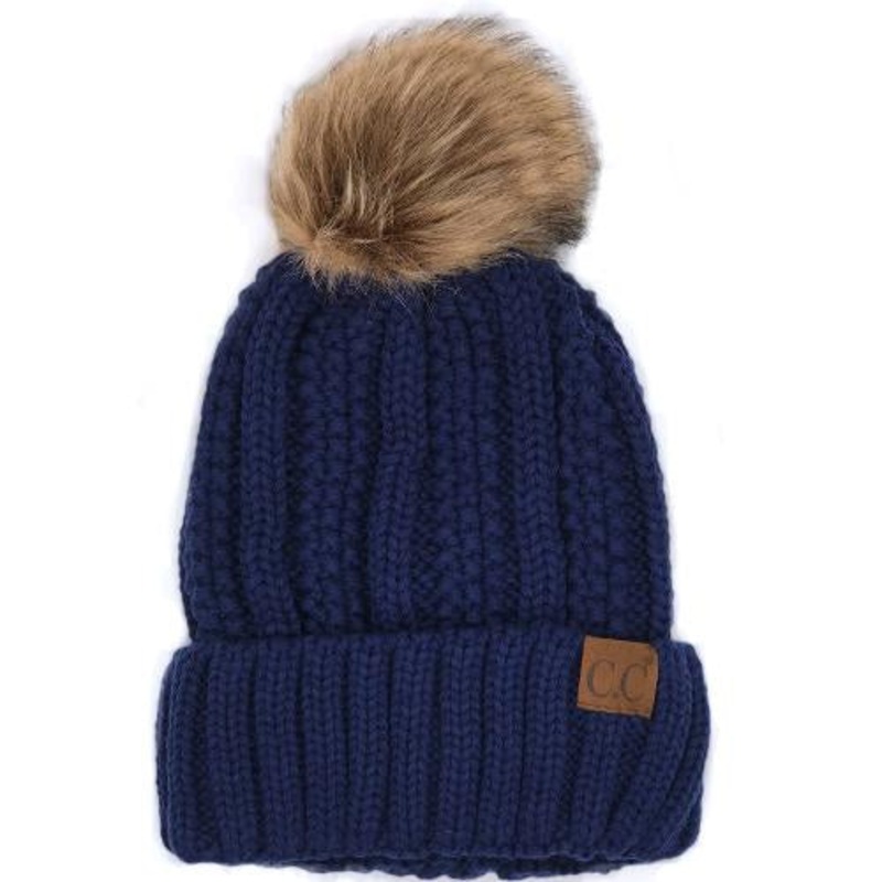 YJ-820 SHERPA LINED BEANIE W/FAUX FUR POM – NAVY
