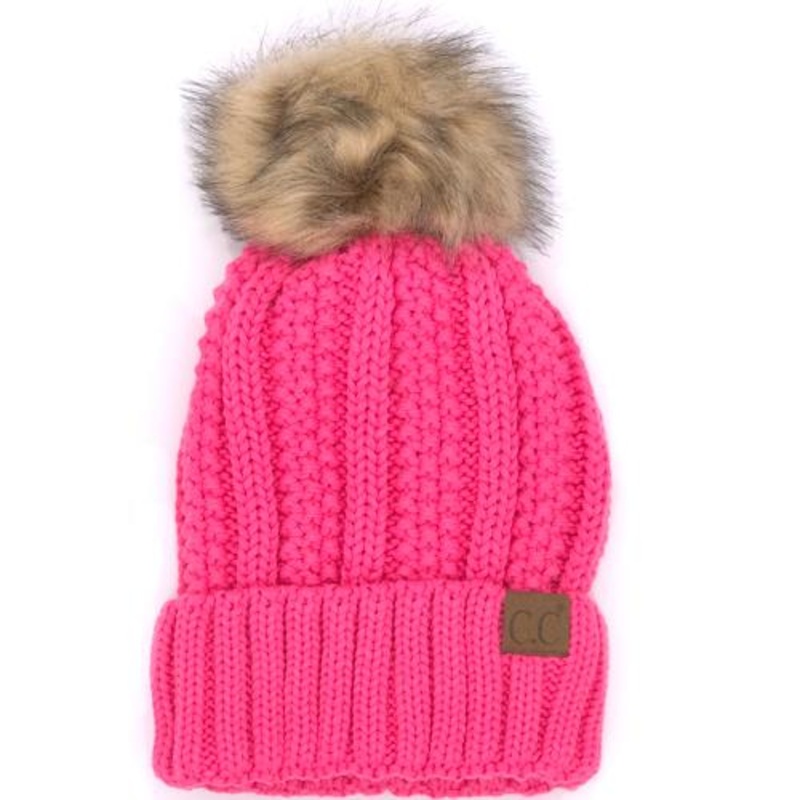 YJ-820 SHERPA LINED BEANIE W/FAUX FUR POM – NEW CANDY PINK