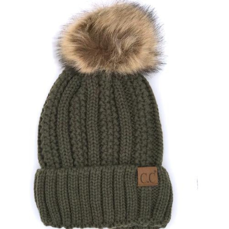 YJ-820 SHERPA LINED BEANIE W/FAUX FUR POM – NEW OLIVE