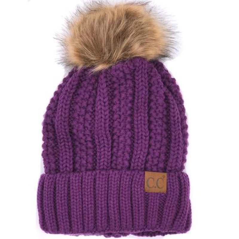 YJ-820 SHERPA LINED BEANIE W/FAUX FUR POM – PURPLE
