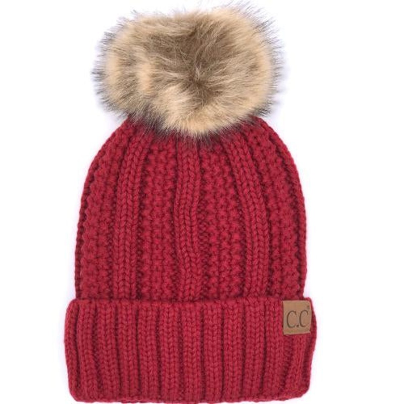 YJ-820 SHERPA LINED BEANIE W/FAUX FUR POM – RED