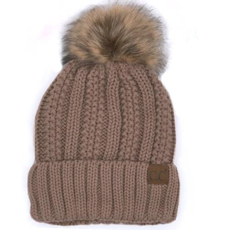 YJ-820 SHERPA LINED BEANIE W/FAUX FUR POM – TAUPE