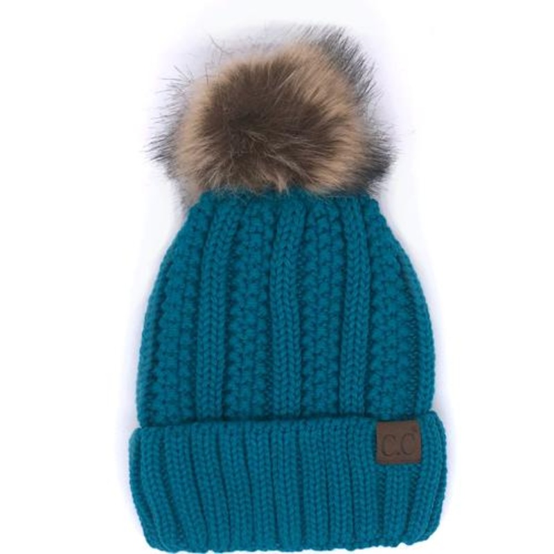 YJ-820 SHERPA LINED BEANIE W/FAUX FUR POM – TEAL