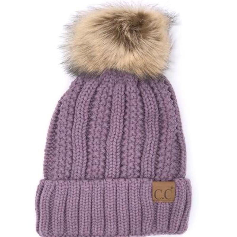 YJ-820 SHERPA LINED BEANIE W/FAUX FUR POM – VIOLET